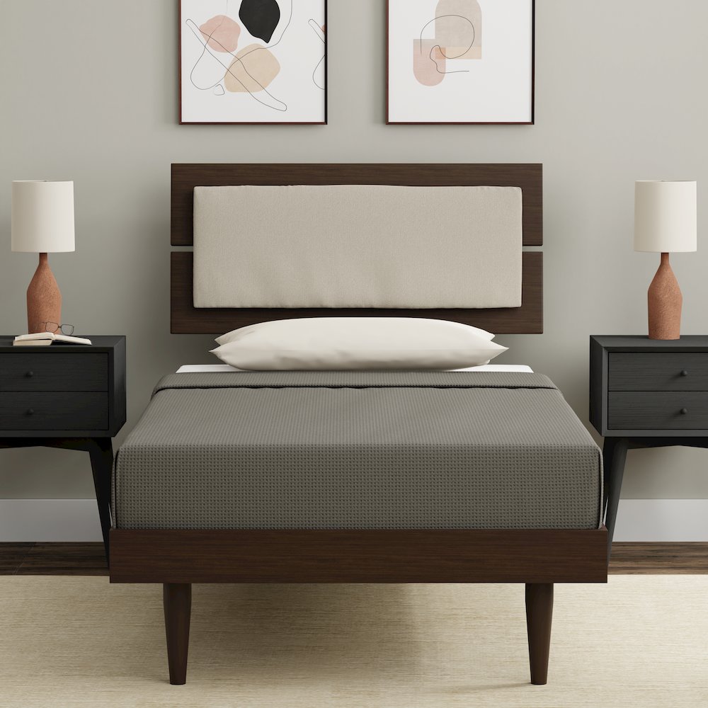Benoni Twin Wooden Bed with Taupe Cushion Walnut. Picture 7
