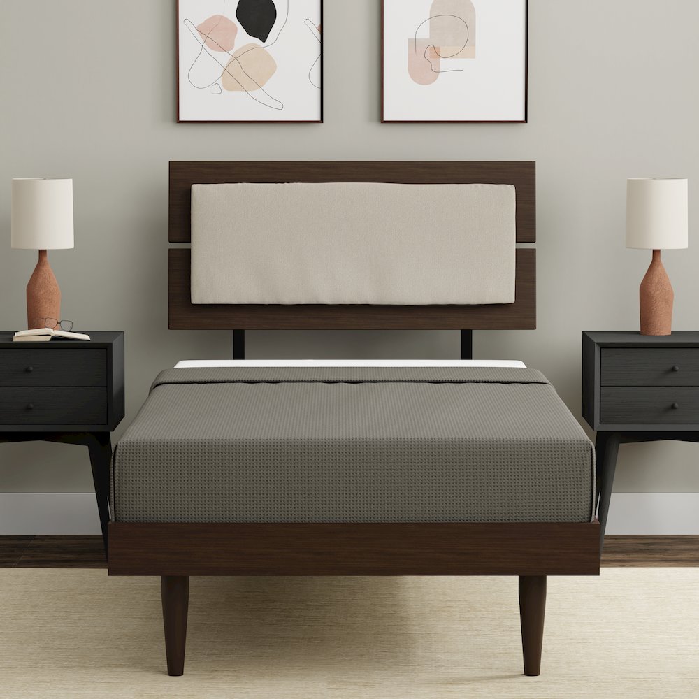 Benoni Twin Wooden Bed with Taupe Cushion Walnut. Picture 8