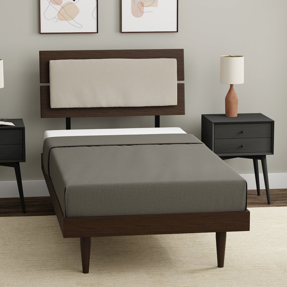 Benoni Twin Wooden Bed with Taupe Cushion Walnut. Picture 9