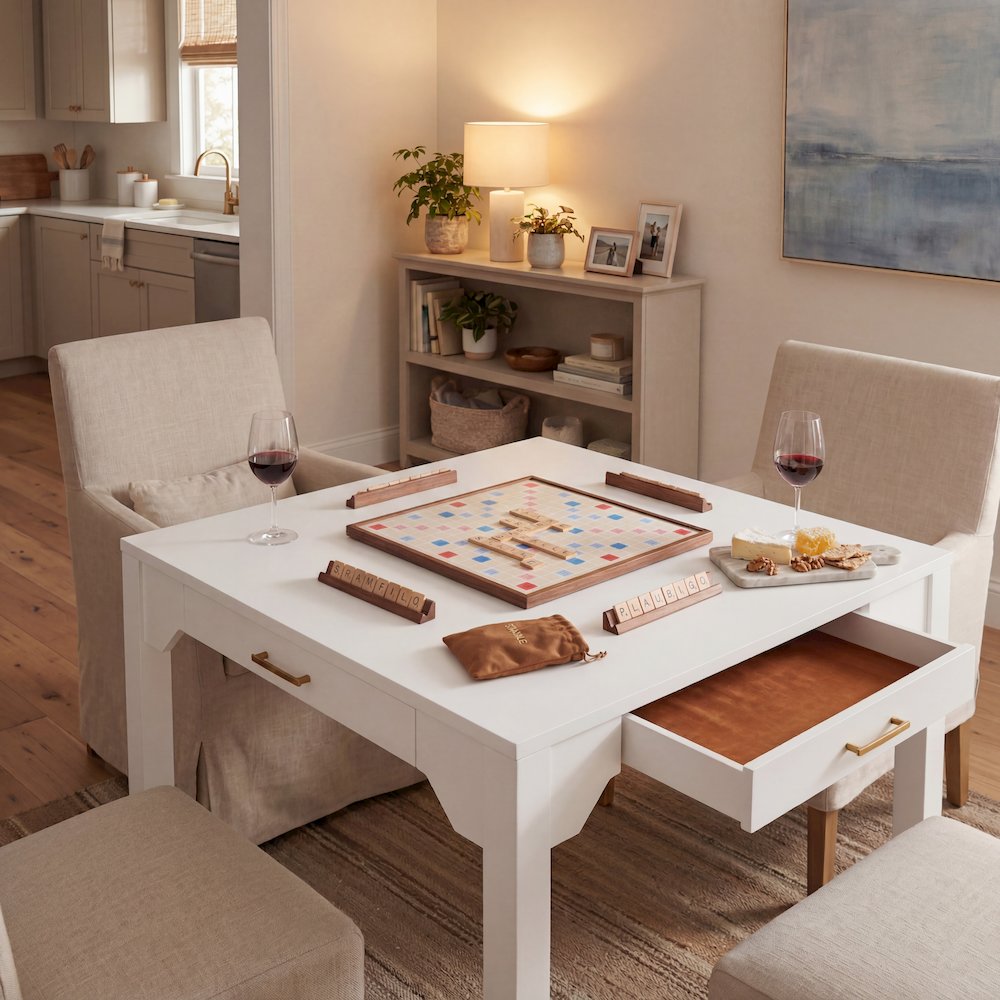 Annadale White Dining Table with Storage Drawer, Square Mahjong Game Table. Picture 13