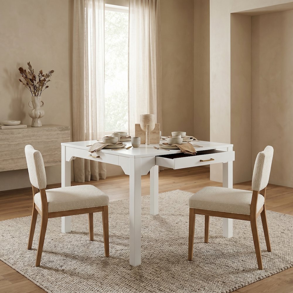 Annadale White Dining Table with Storage Drawer, Square Mahjong Game Table. Picture 14