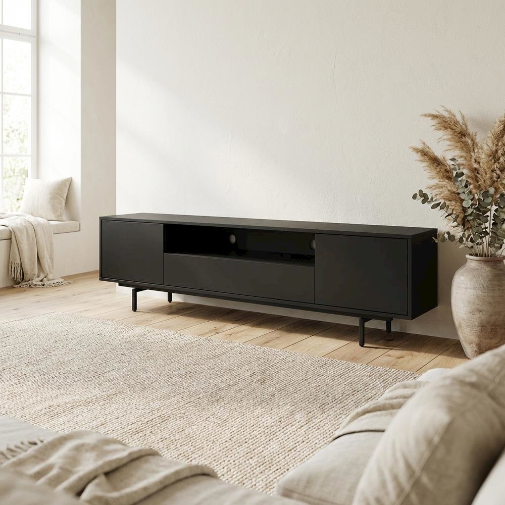 Black Laminate TV Console with 3 Doors and Modern Design. Picture 3