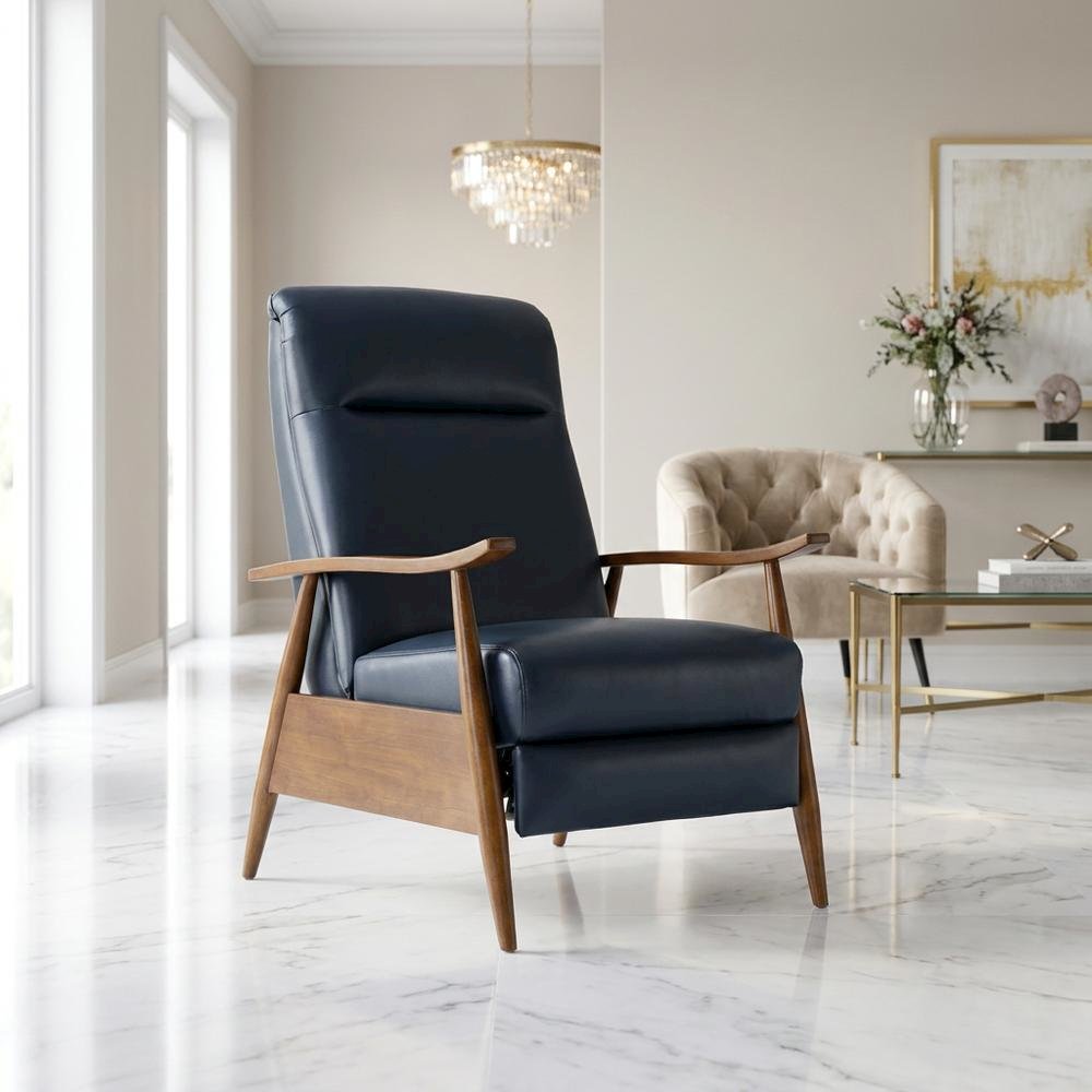 Semi-Leather Push Back Manual Recliner Chair with Wood Arms for Living Room. Picture 2