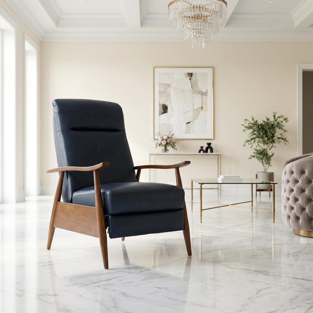 Semi-Leather Push Back Manual Recliner Chair with Wood Arms for Living Room. Picture 4