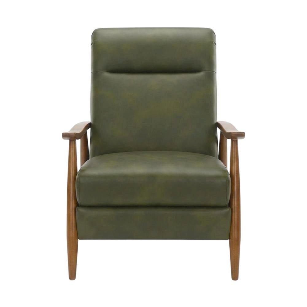 Leather-Gel Wood-Arm Push-Back Recliner Chair for Living Room, Fern Green. Picture 1