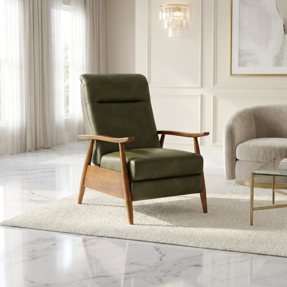 Leather-Gel Wood-Arm Push-Back Recliner Chair for Living Room, Fern Green. Picture 2