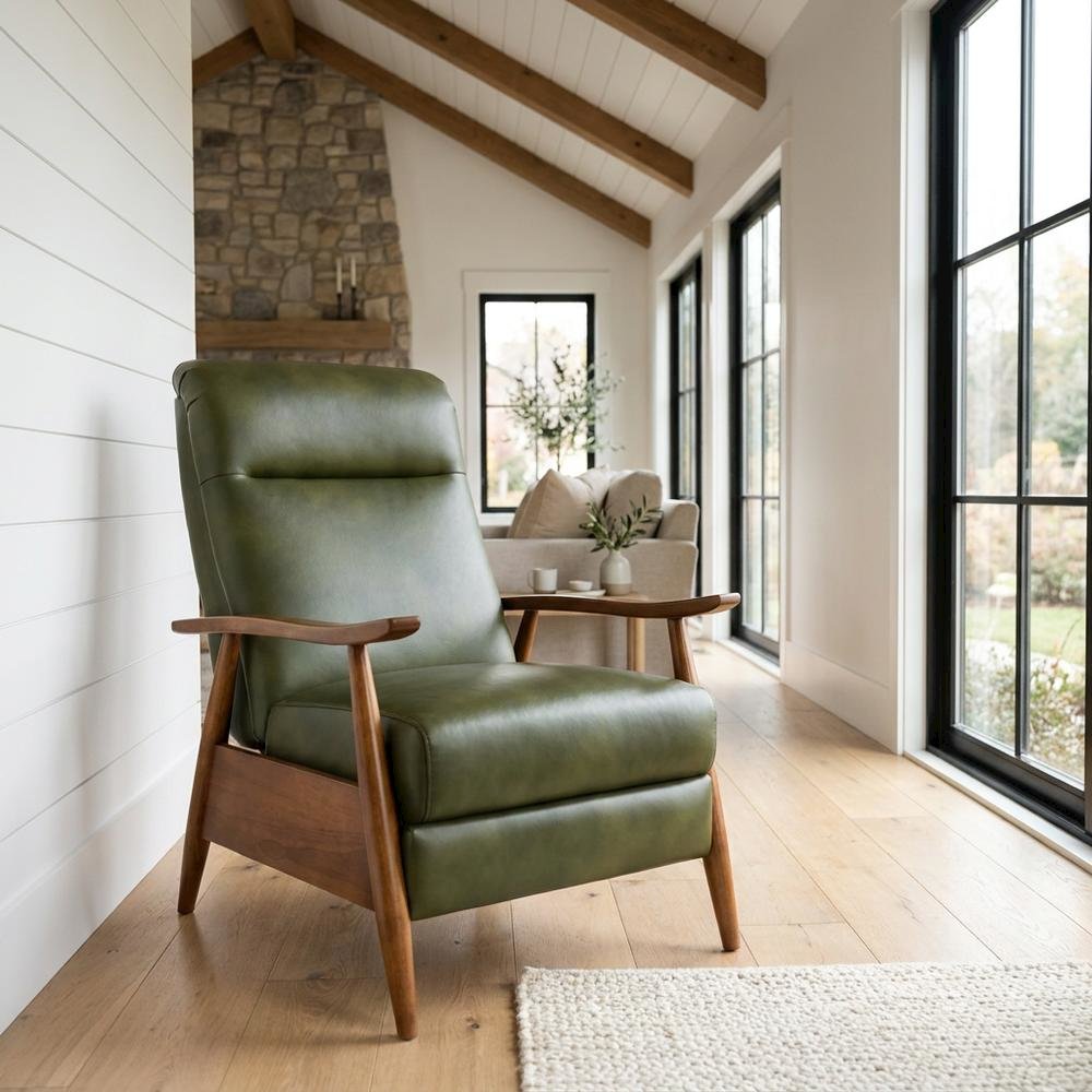 Leather-Gel Wood-Arm Push-Back Recliner Chair for Living Room, Fern Green. Picture 4