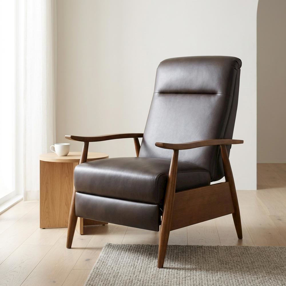 Semi-Leather Recliner Chair with Wood Arms, Push-Back for Living Room. Picture 2