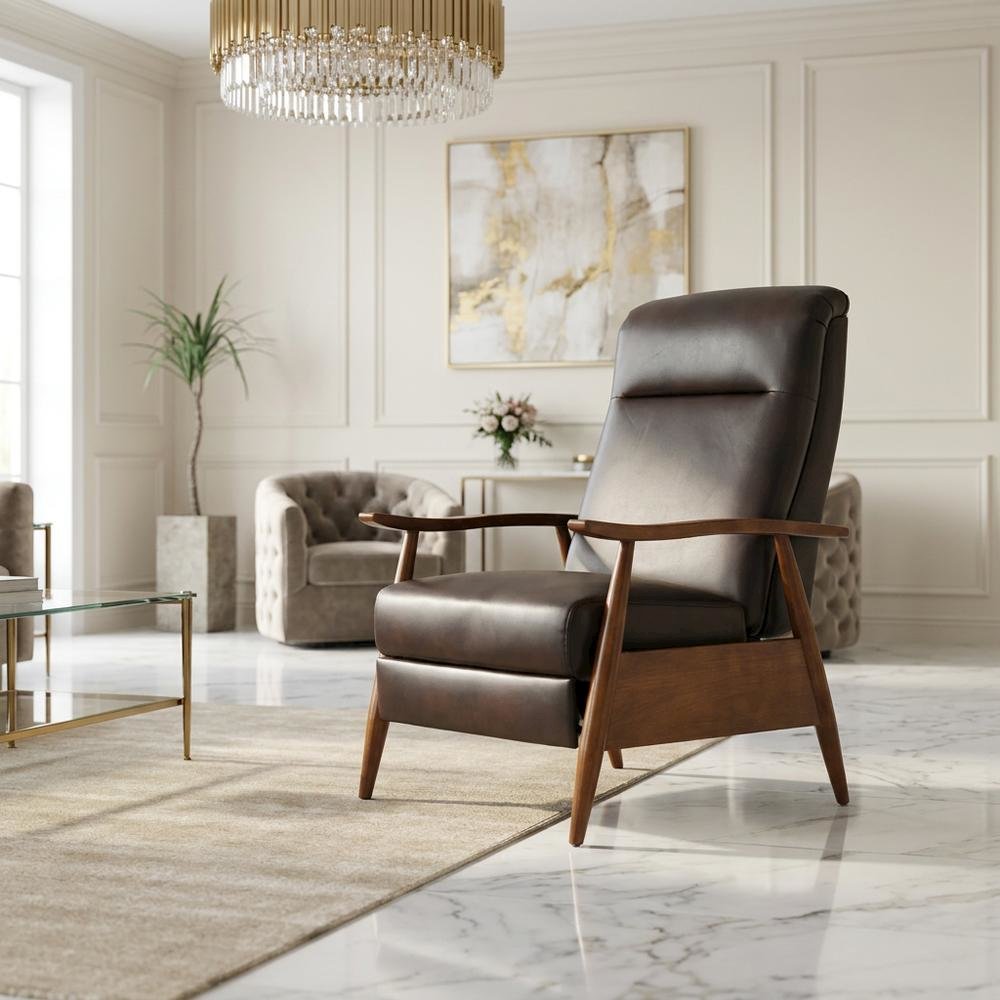 Semi-Leather Recliner Chair with Wood Arms, Push-Back for Living Room. Picture 4