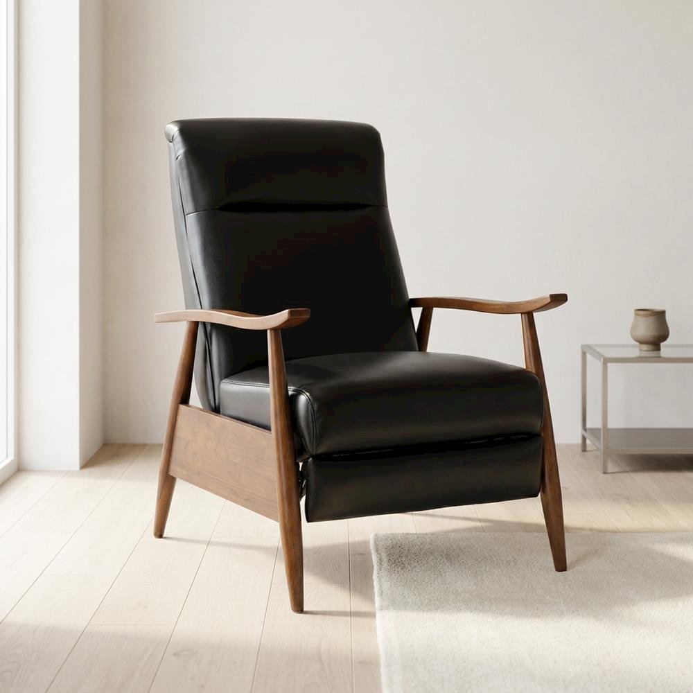 Semi-Leather Push Back Reclining Chair with Wood Arms for Living Room. Picture 2