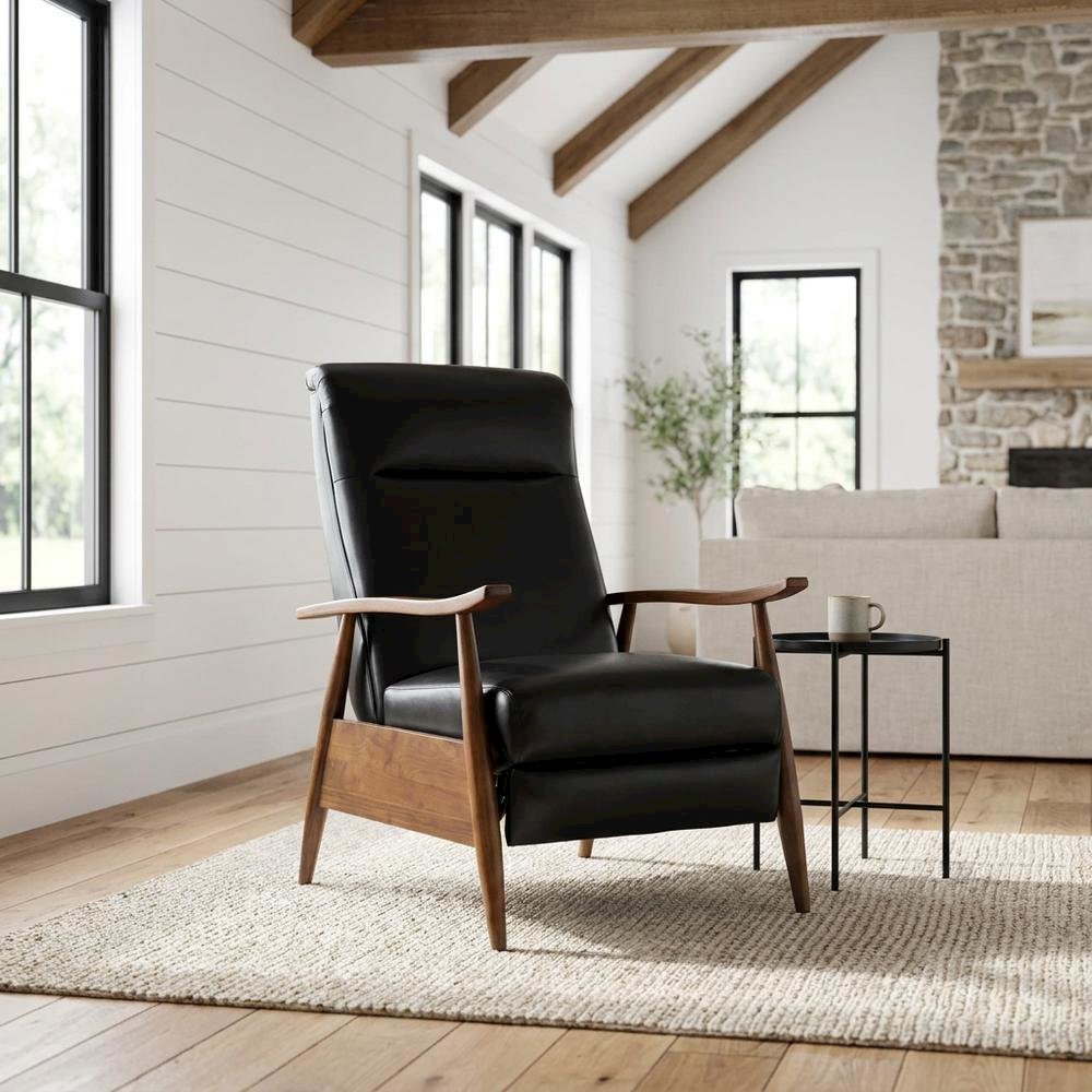 Semi-Leather Push Back Reclining Chair with Wood Arms for Living Room. Picture 4