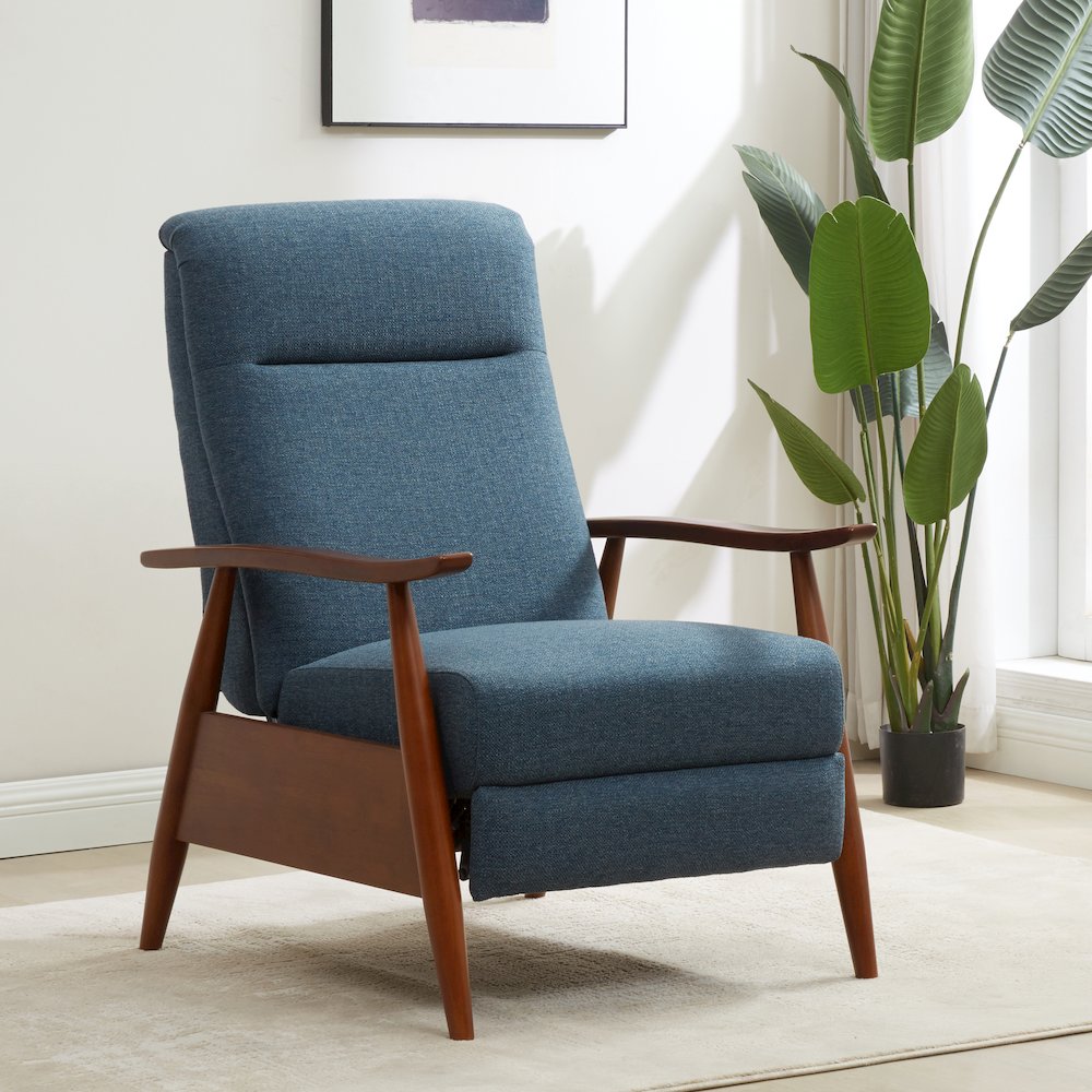 Terni Wood Arm Push Back Recliner in Performance Fabric - Denim. Picture 29