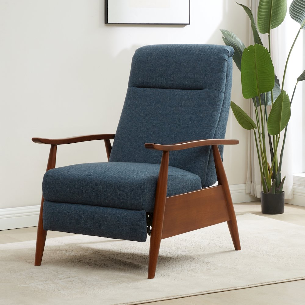 Terni Wood Arm Push Back Recliner in Performance Fabric - Denim. Picture 31
