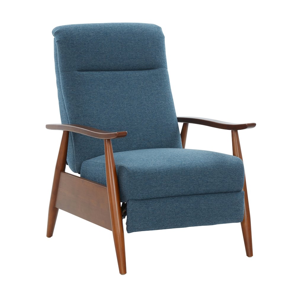 Terni Wood Arm Push Back Recliner in Performance Fabric - Denim. Picture 1