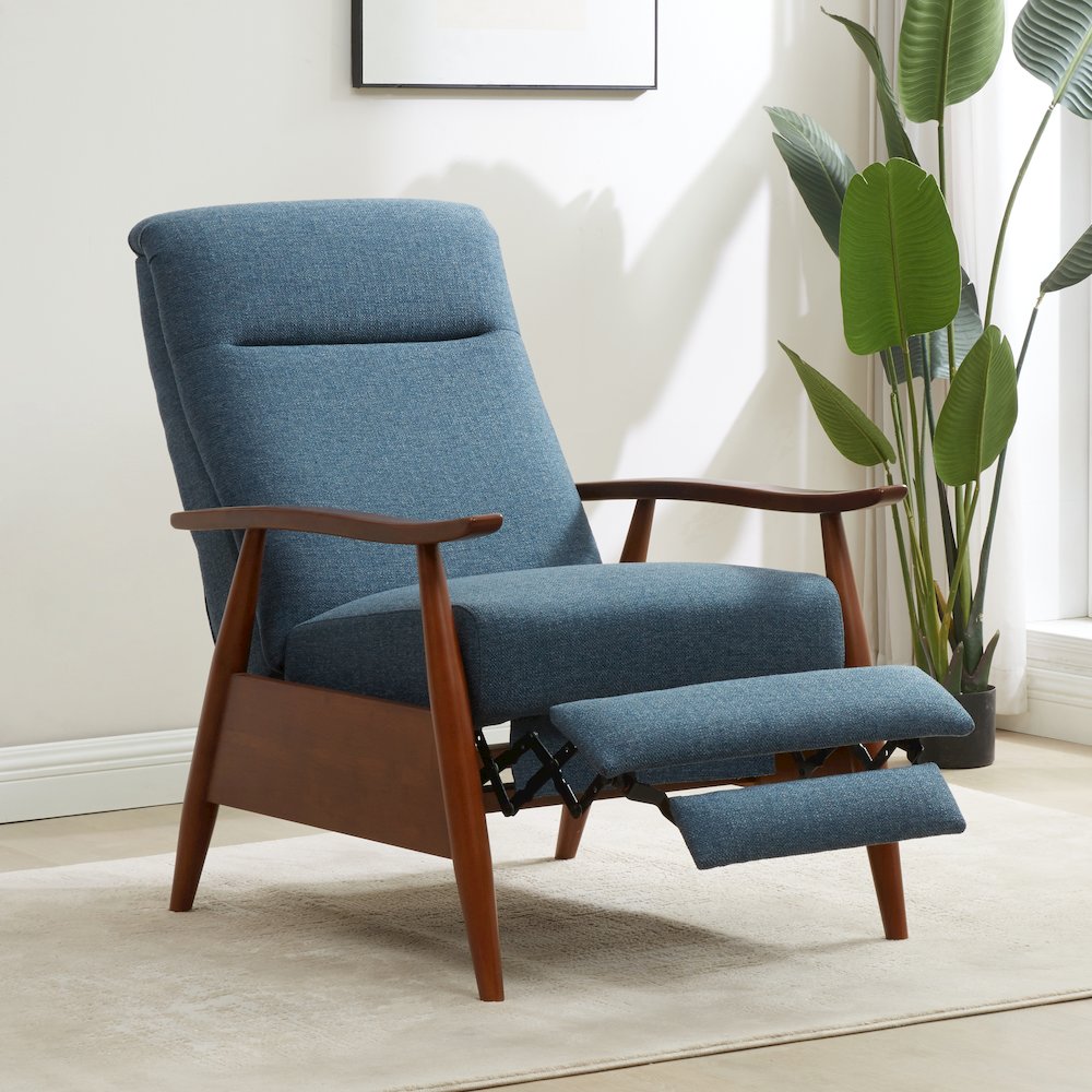Terni Wood Arm Push Back Recliner in Performance Fabric - Denim. Picture 9