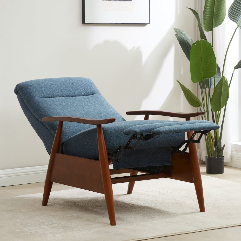 Terni Wood Arm Push Back Recliner in Performance Fabric - Denim. Picture 16