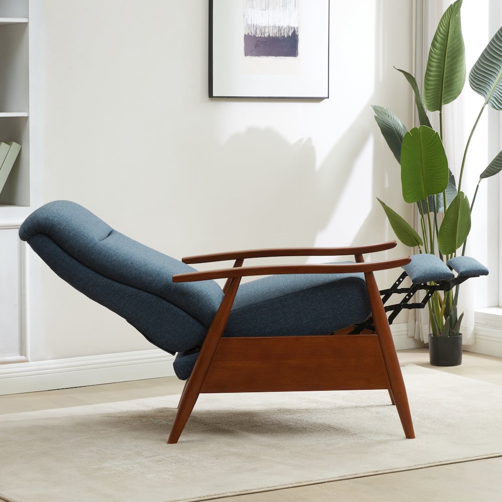 Terni Wood Arm Push Back Recliner in Performance Fabric - Denim. Picture 22