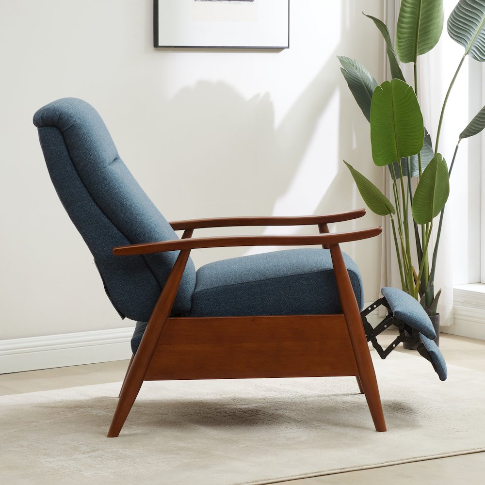 Terni Wood Arm Push Back Recliner in Performance Fabric - Denim. Picture 23