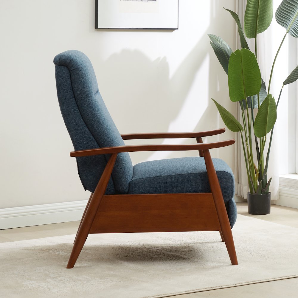 Terni Wood Arm Push Back Recliner in Performance Fabric - Denim. Picture 24