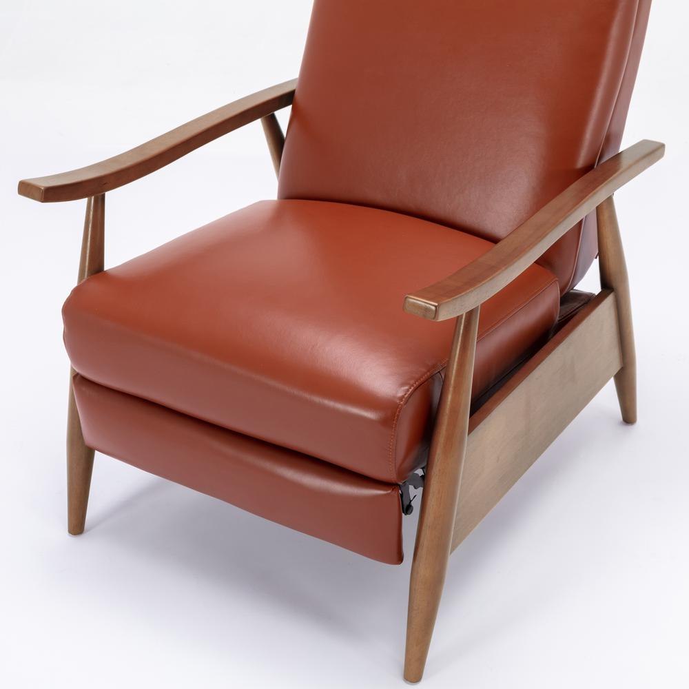Fairview Leather Wood Arm Push Back Recliner - Caramel. Picture 6