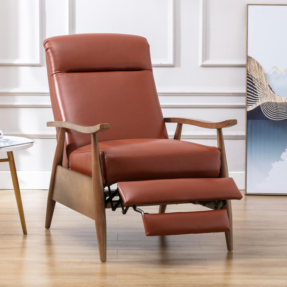 Fairview Leather Wood Arm Push Back Recliner - Caramel. Picture 9