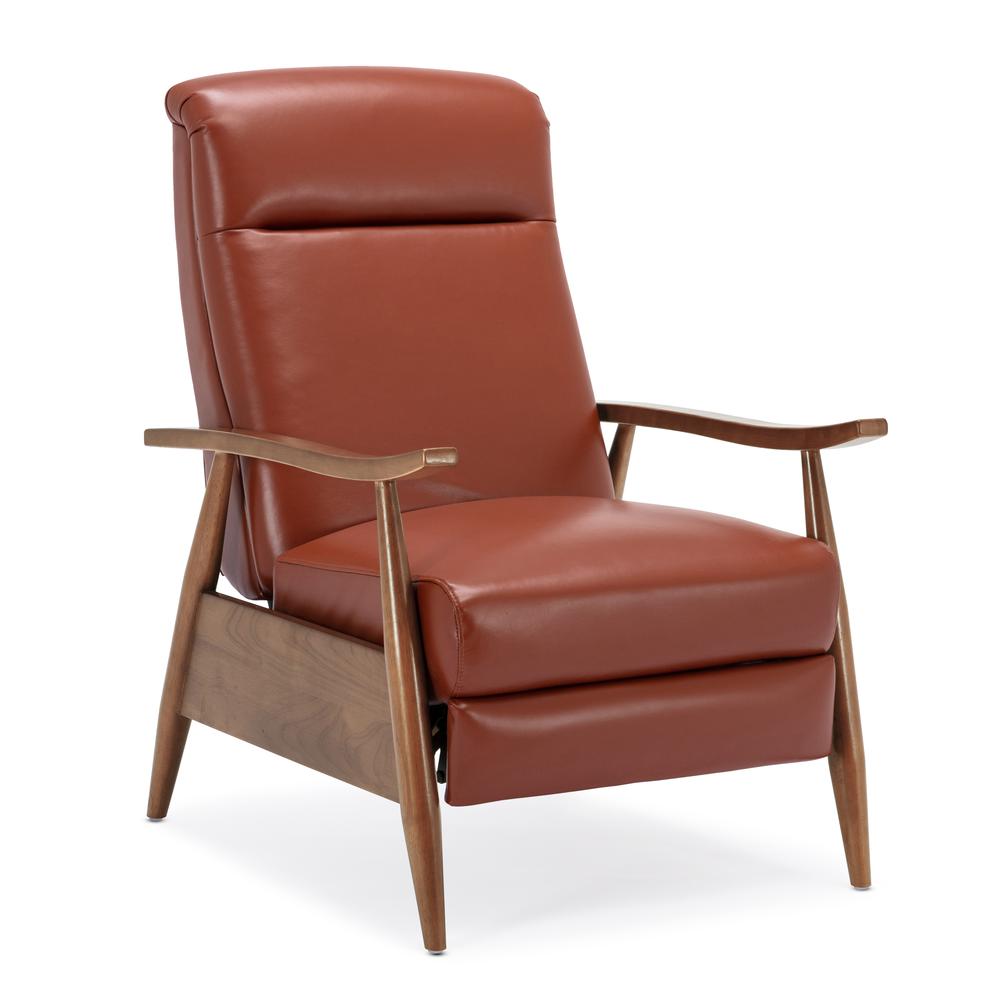 Fairview Leather Wood Arm Push Back Recliner - Caramel. Picture 1