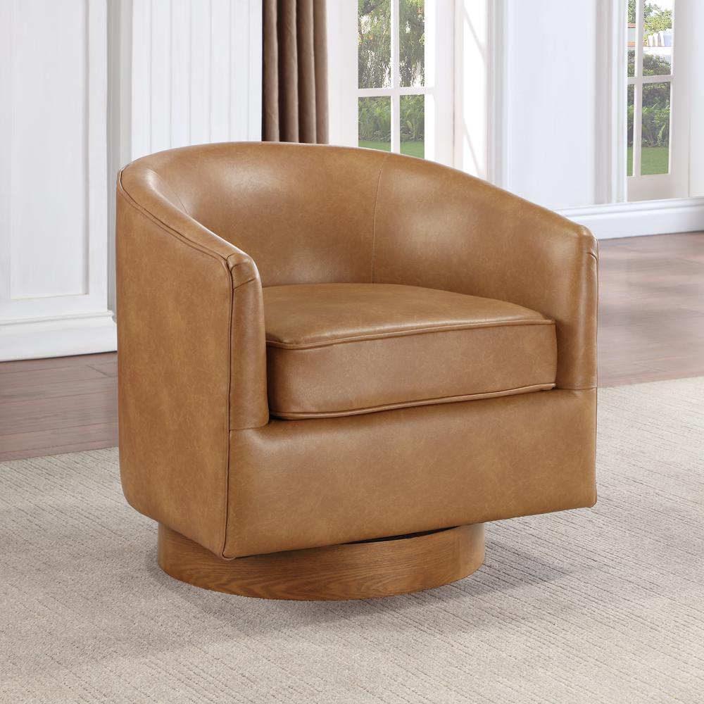 Irving Saddle Faux Leather Wood Base Barrel Swivel Chair. Picture 2