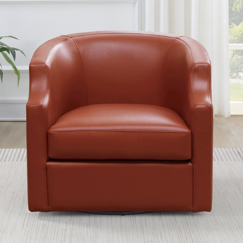 Caramel Top Grain Leather Swivel Glider Barrel Chair. Picture 6