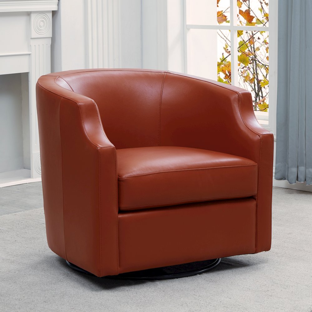 Caramel Top Grain Leather Swivel Glider Barrel Chair. Picture 7