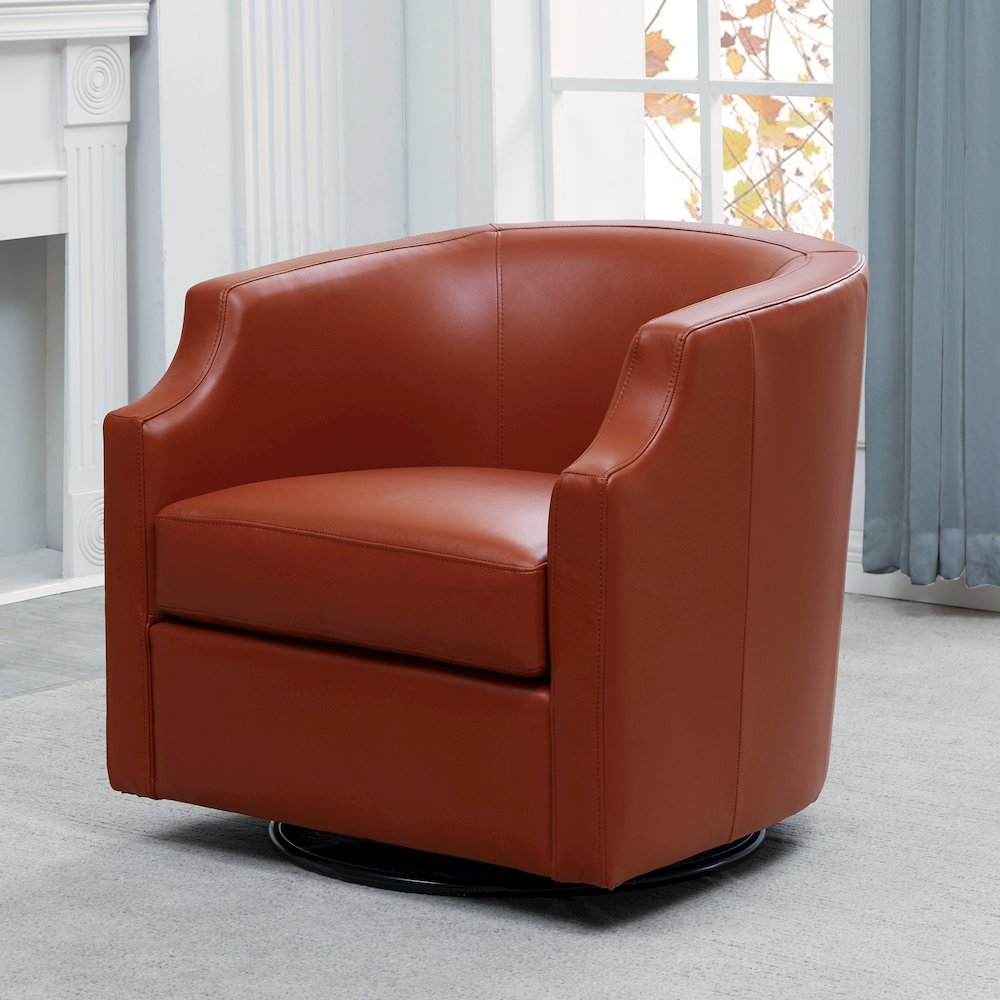 Caramel Top Grain Leather Swivel Glider Barrel Chair. Picture 8