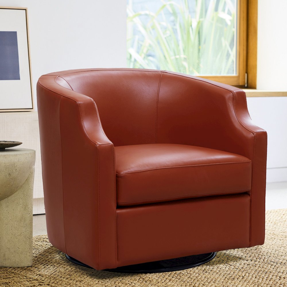 Caramel Top Grain Leather Swivel Glider Barrel Chair. Picture 19