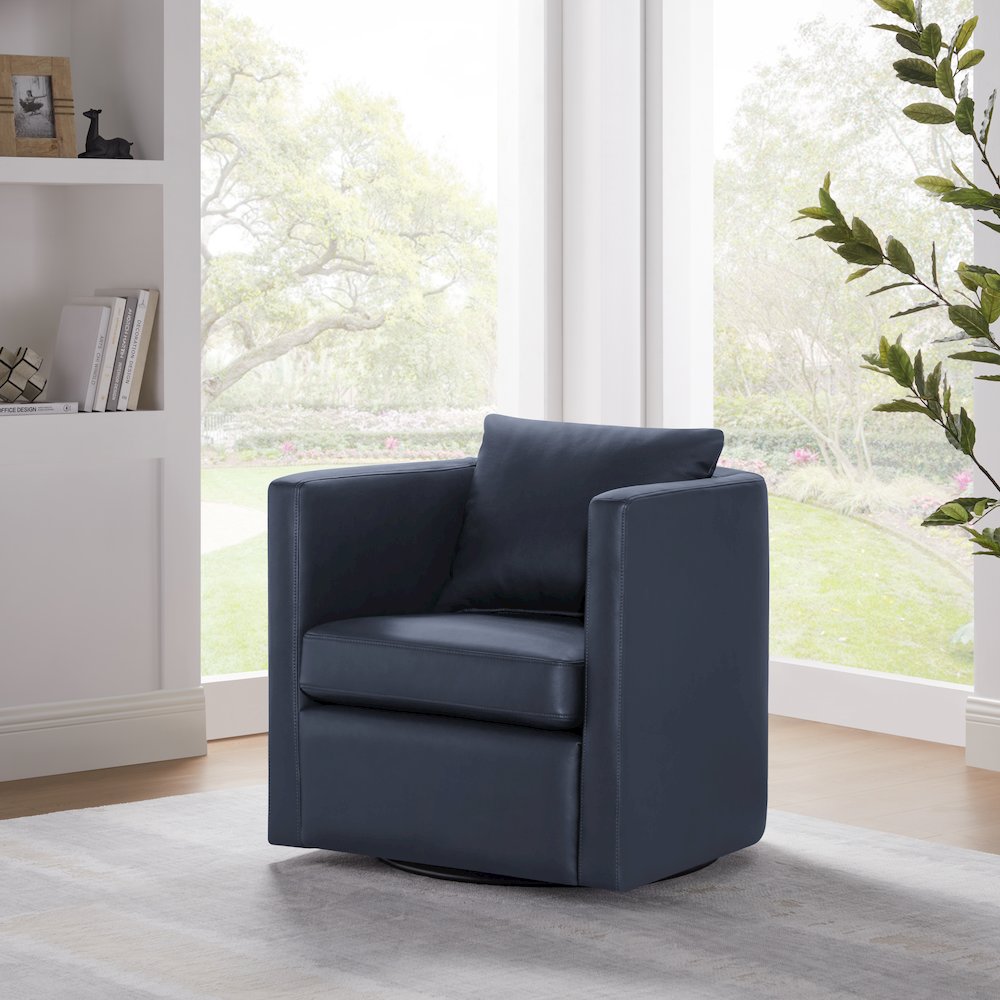 Sheldon Midnight Blue Faux Leather Swivel Barrel Chair. Picture 3
