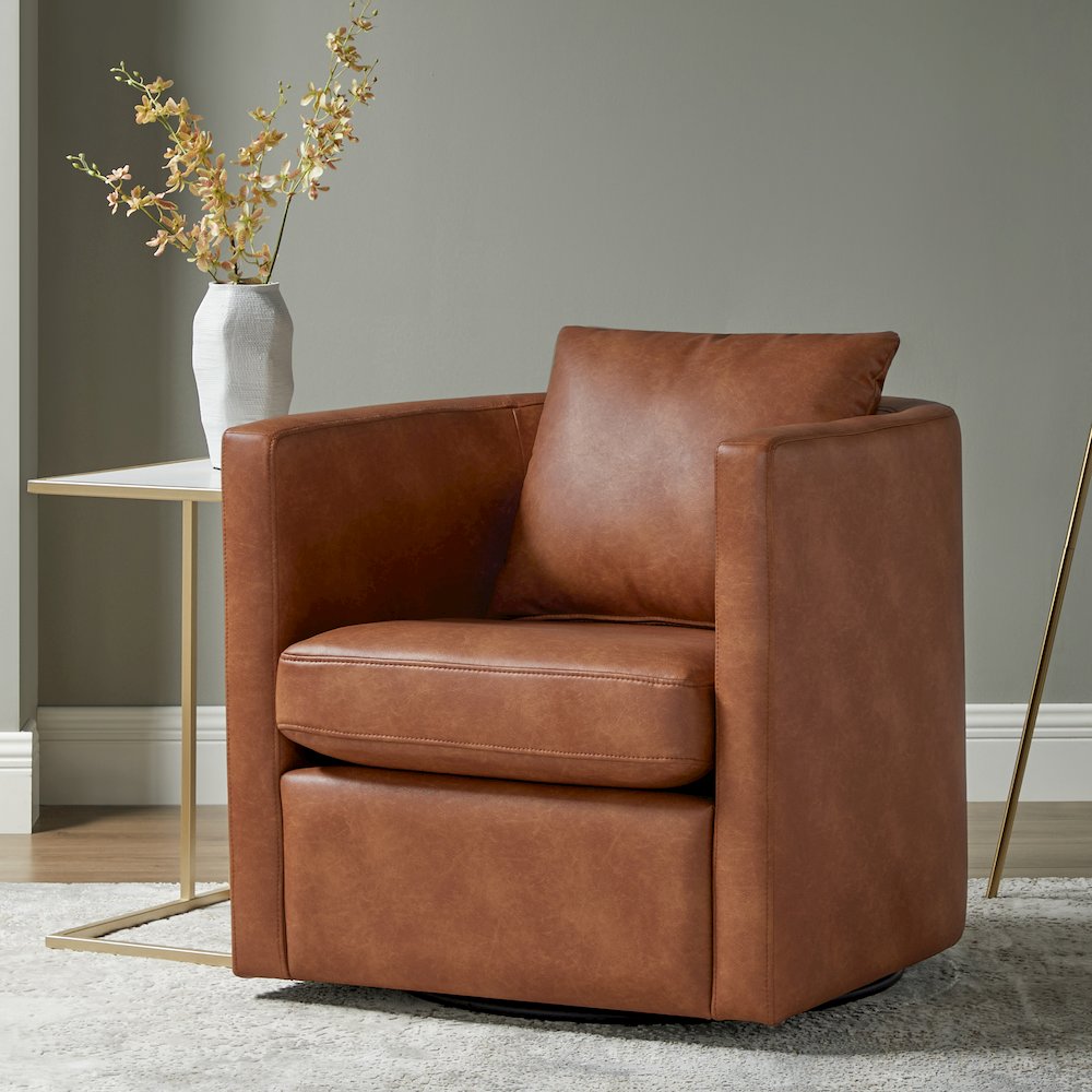 Sheldon Saddle Faux Leather Swivel Barrel Chair. Picture 6