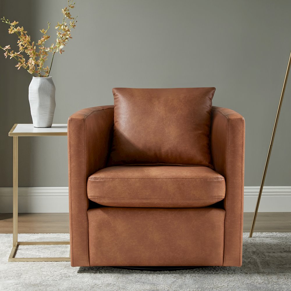 Sheldon Saddle Faux Leather Swivel Barrel Chair. Picture 12