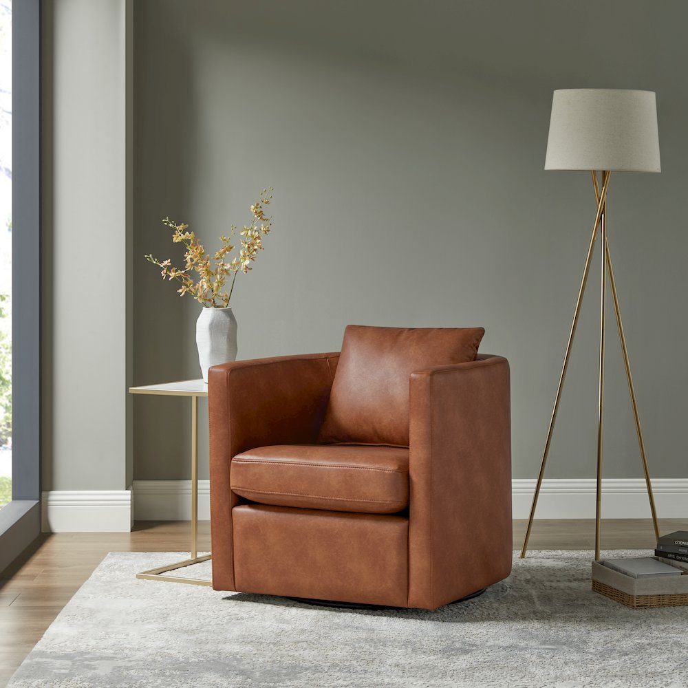 Sheldon Saddle Faux Leather Swivel Barrel Chair. Picture 4