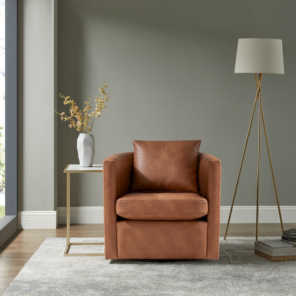 Sheldon Saddle Faux Leather Swivel Barrel Chair. Picture 5