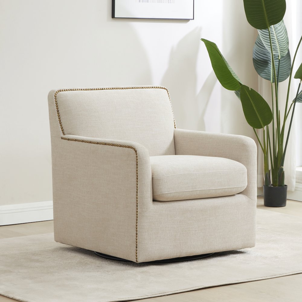 Tolland Swivel Accent Chair with Nailhead Trim - Sand. Picture 2