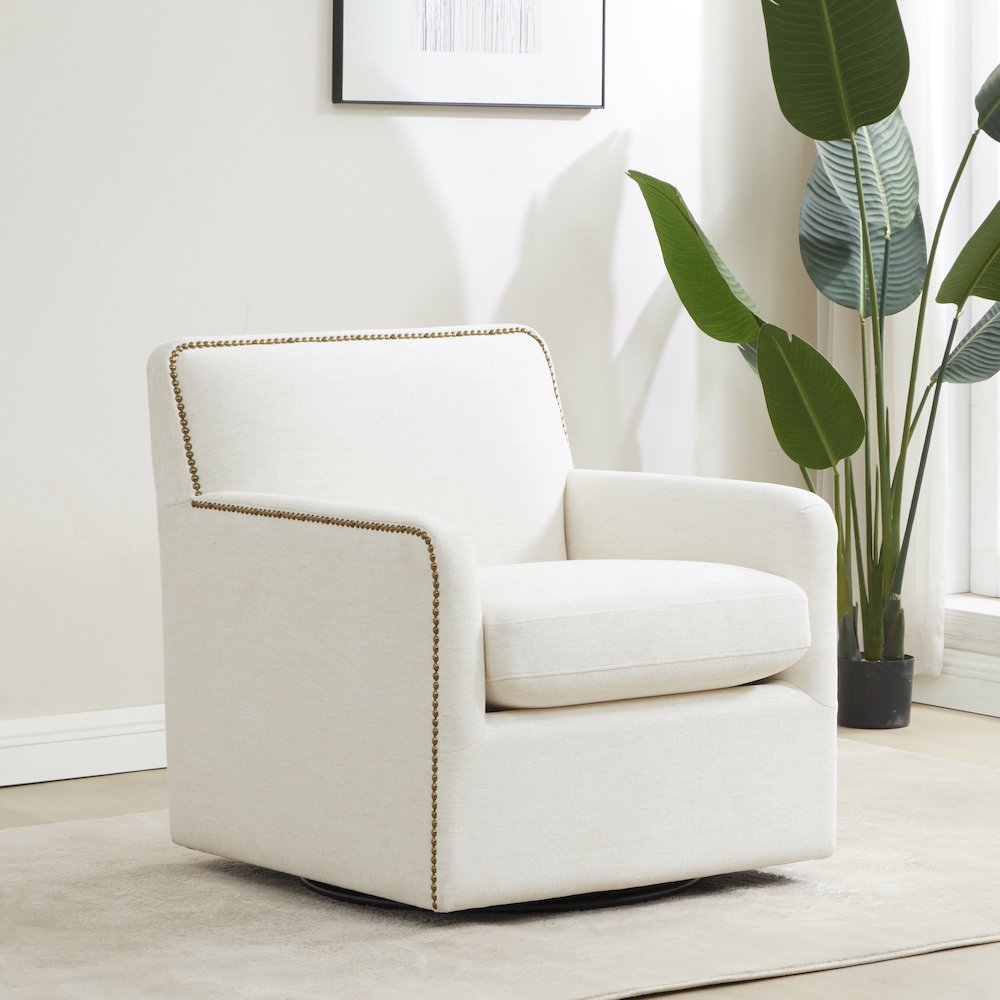 Tolland Swivel Accent Chair with Nailhead Trim - Cream. Picture 2