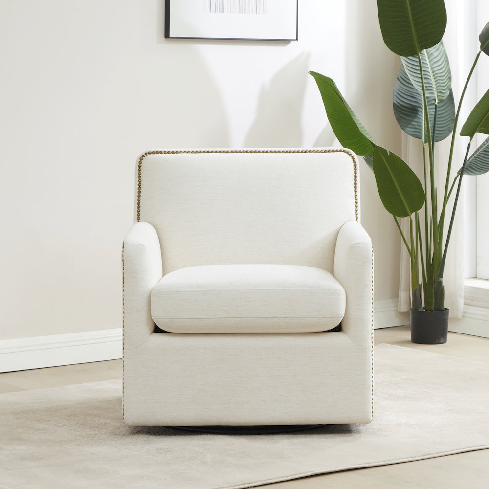 Tolland Swivel Accent Chair with Nailhead Trim - Cream. Picture 13
