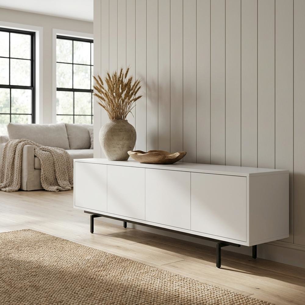 White Laminate TV Stand with 4 Doors and Modern Design. Picture 2