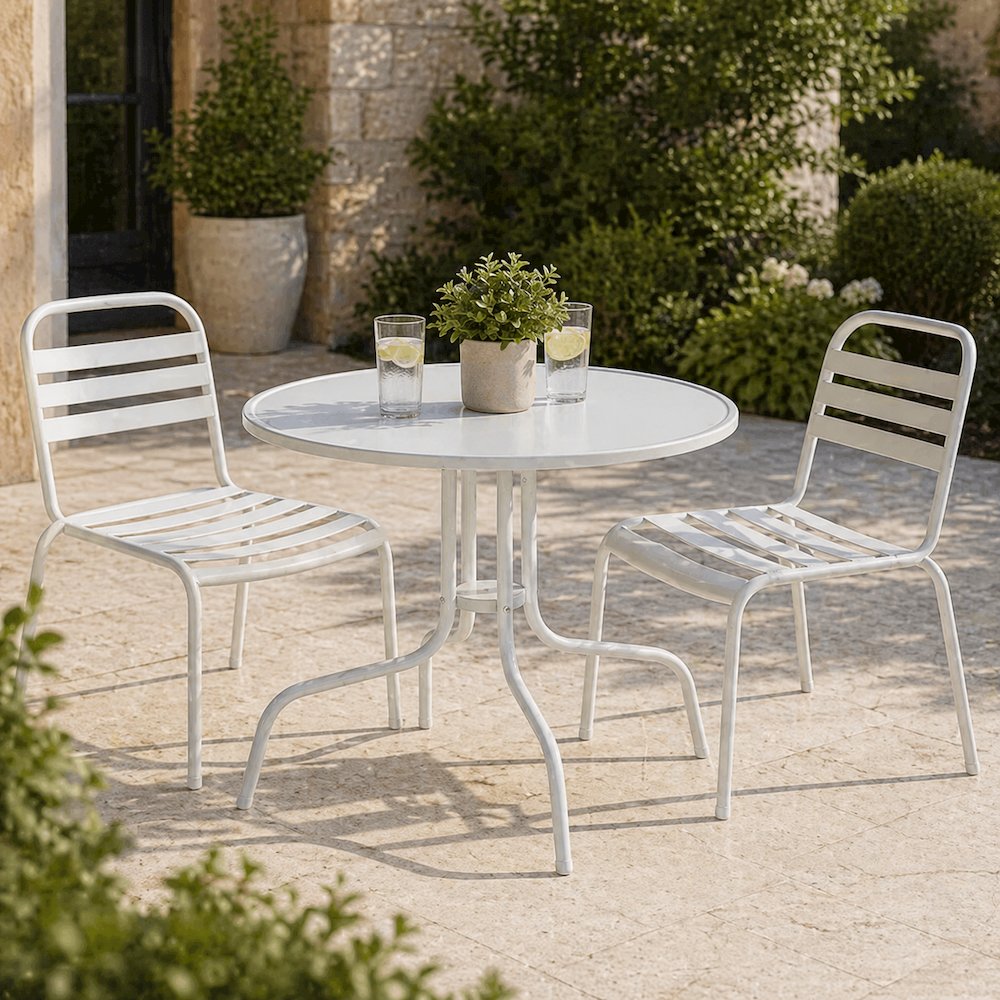 White outdoor dining table with anti-tip hardware and sturdy construction. Picture 2