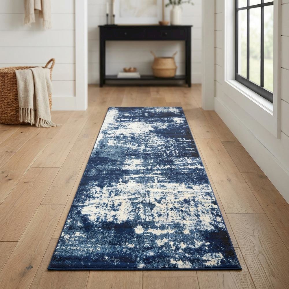 Light Blue Machine-Made Rectangle Runner with Cut Pile Design. Picture 3