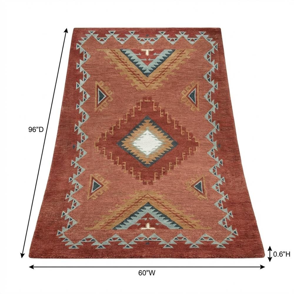 Rust Hand Tufted Wool Area Rug with Southwest Design, 5' x 8'. Picture 7