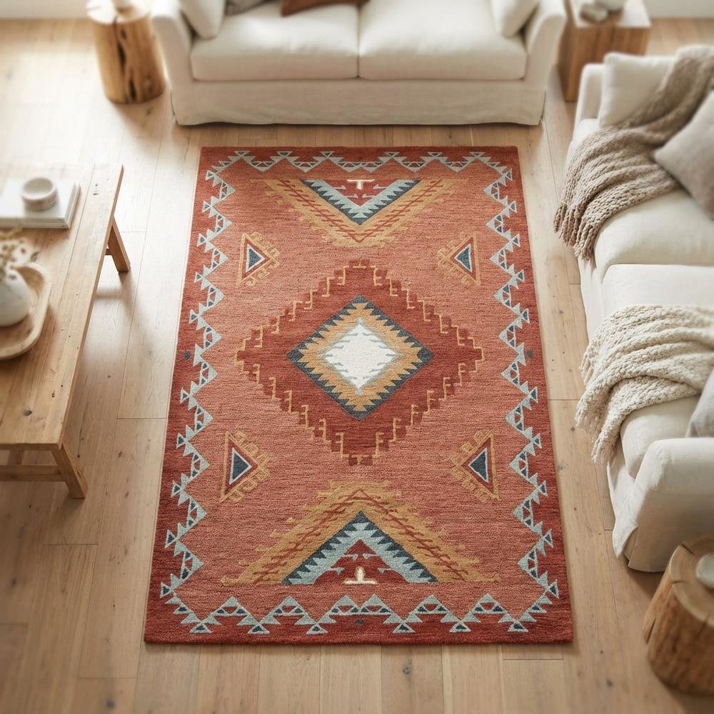 Rust Hand Tufted Wool Area Rug with Southwest Design, 5' x 8'. Picture 2