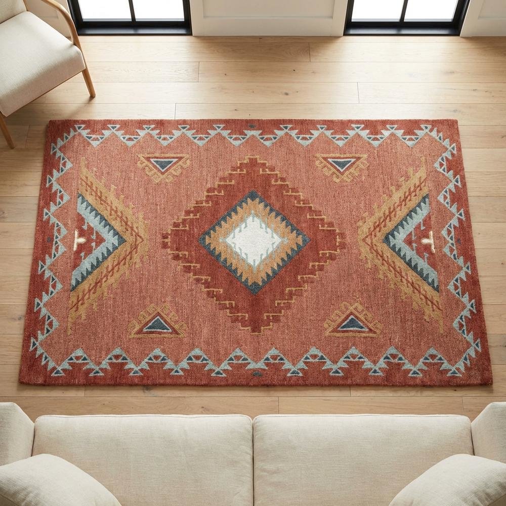 Rust Hand Tufted Wool Area Rug with Southwest Design, 5' x 8'. Picture 3