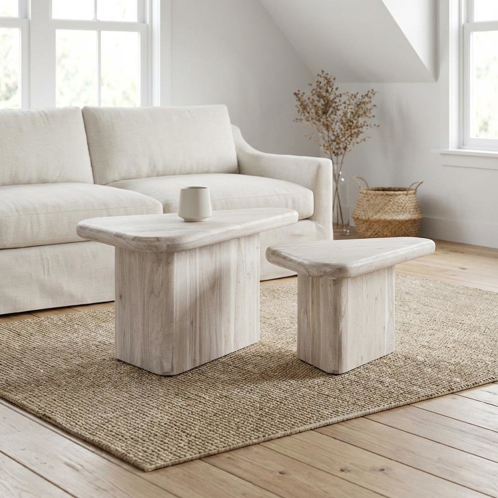 White Triangle Coffee Table Set with Acacia Wood Top and Modern Design. Picture 3