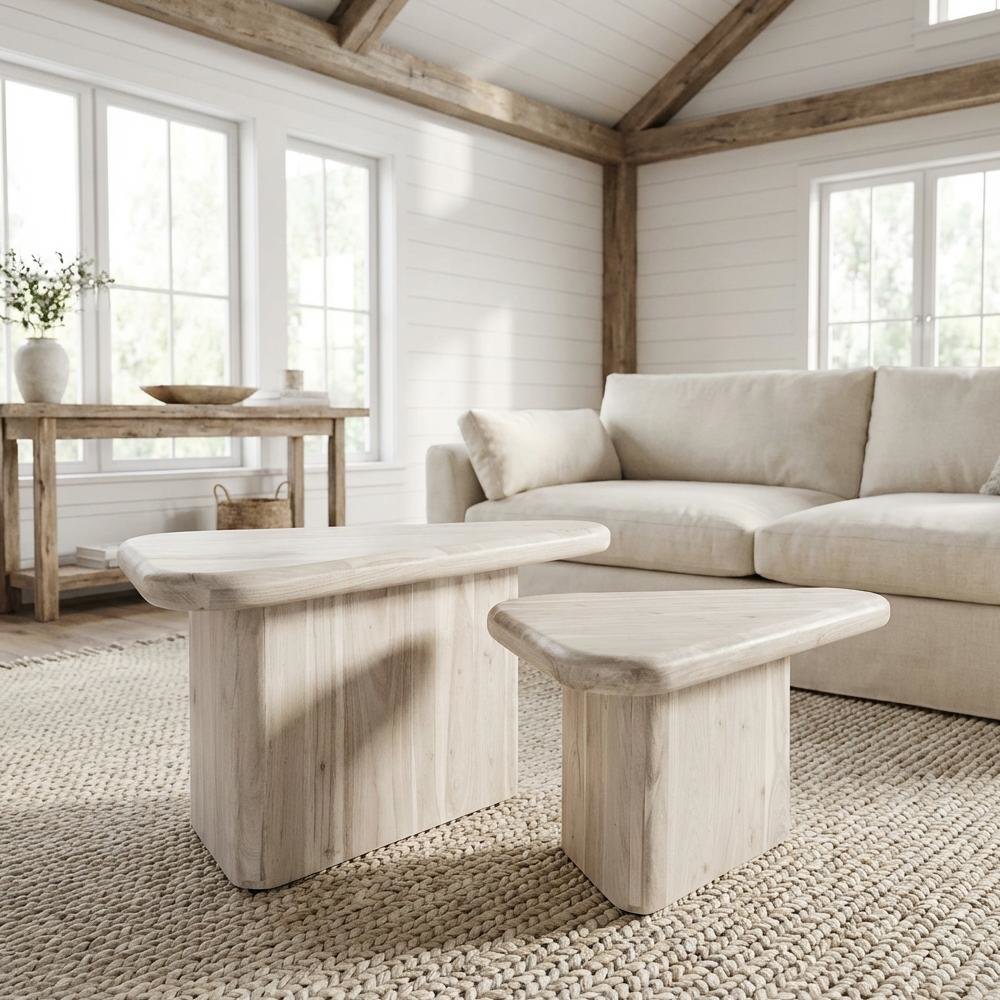 White Triangle Coffee Table Set with Acacia Wood Top and Modern Design. Picture 2