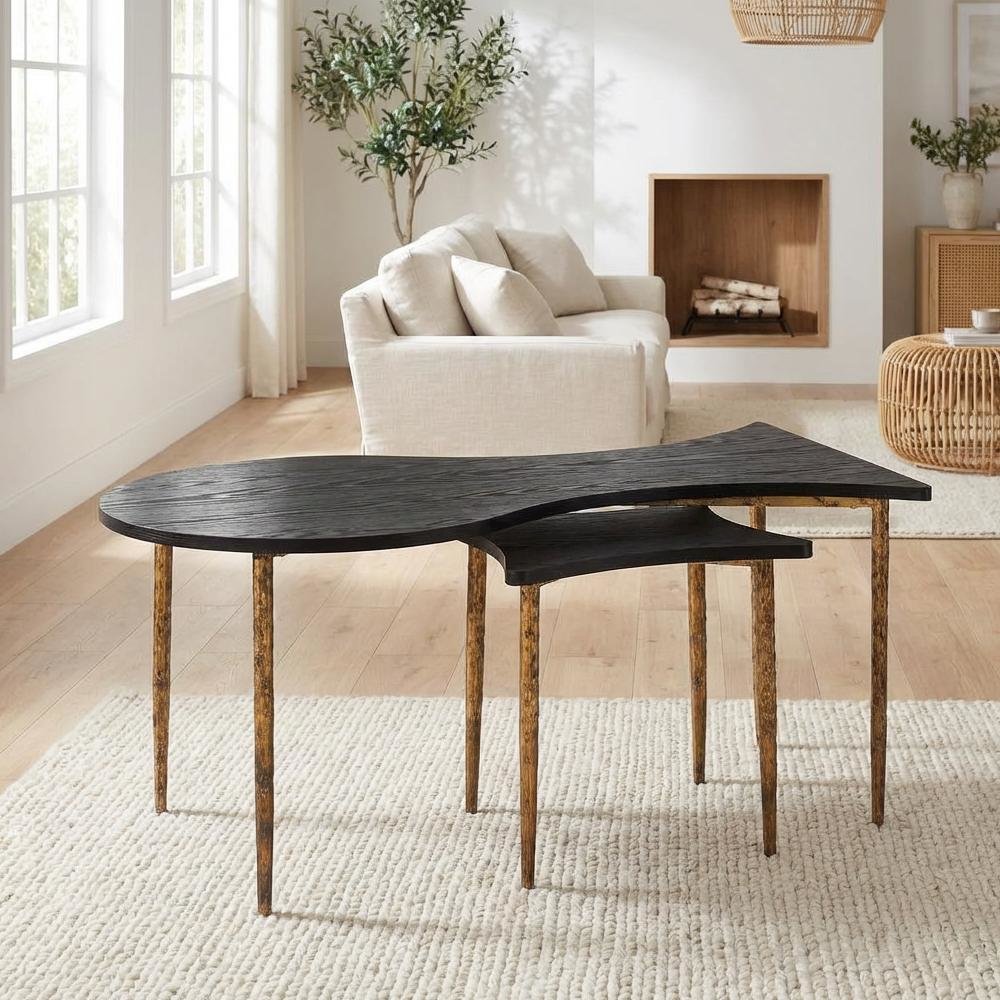 Black Coffee Table Set with Bronze Base MDF Top Modern Design. Picture 3