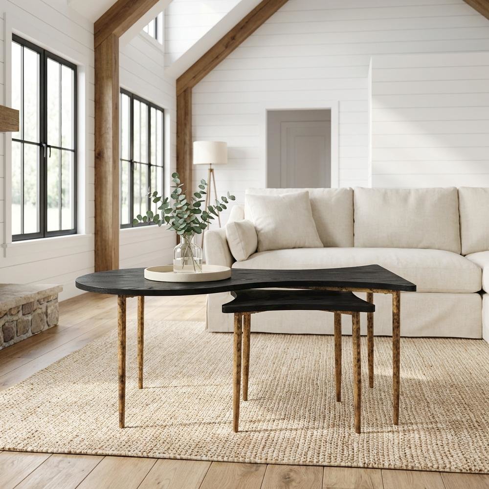 Black Coffee Table Set with Bronze Base MDF Top Modern Design. Picture 2