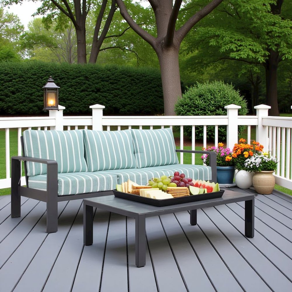 Green Outdoor Sofa With Cushions, Patio Couch for Three With Aluminum Frame. Picture 2